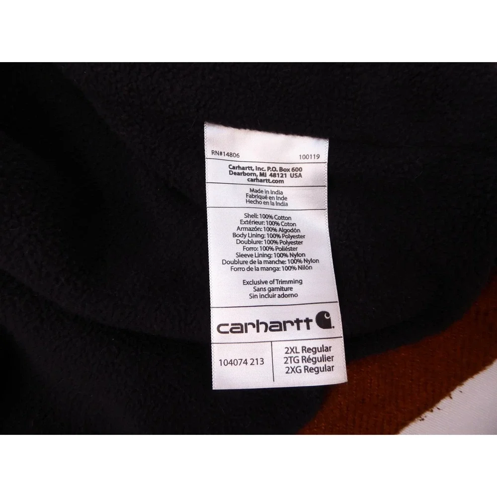 Carhartt Men's 2XL Brown Cotton Fleece Lined Zip Front Jacket 104074 213